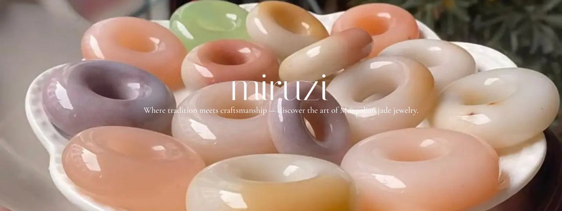 Colorful Mongolian Jade donut rings and Mongolian Jade Jewelry made from natural colorful stone, showcasing Miruzi's handmade jewelry craftsmanship