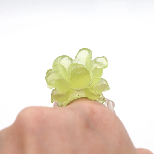 Adjustable Summer Peony Dream Ring crafted from translucent serpentine with a lemon yellow tint, featuring a beautifully carved three-dimensional peony, symbolizing prosperity and romance. Perfect for pairing with summer dresses, this ring combines elegance and a vibrant summer theme.