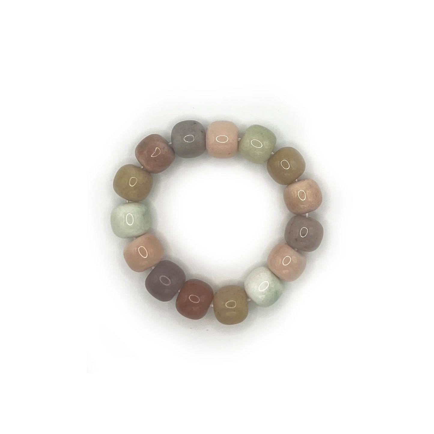 Colorful bracelet for sale featuring rainbow-toned golden silk jade beads, designed in a playful mochi donut style with an adjustable cord for all wrist sizes.