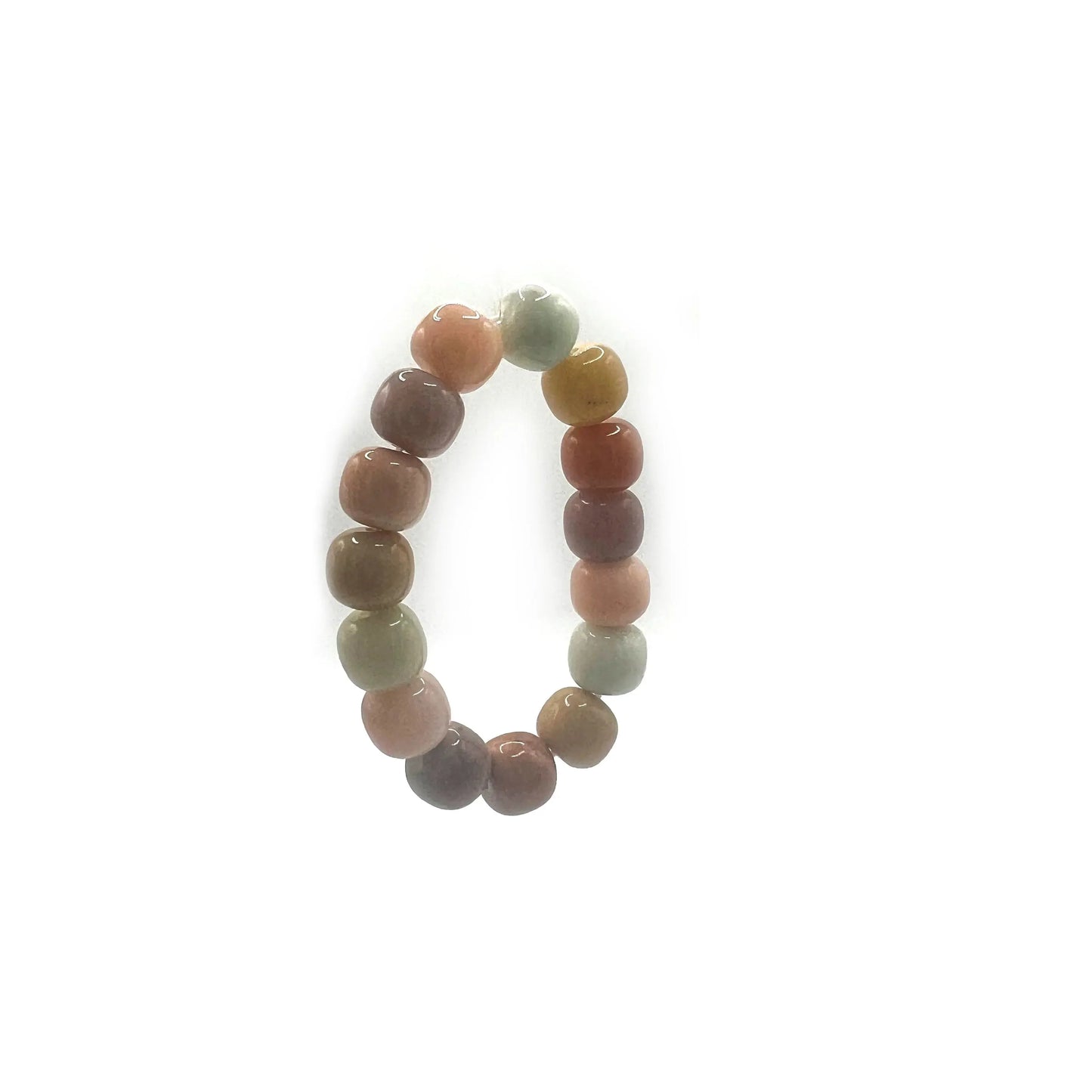 Colorful bracelet for sale featuring rainbow-toned golden silk jade beads, designed in a playful mochi donut style with an adjustable cord for all wrist sizes.