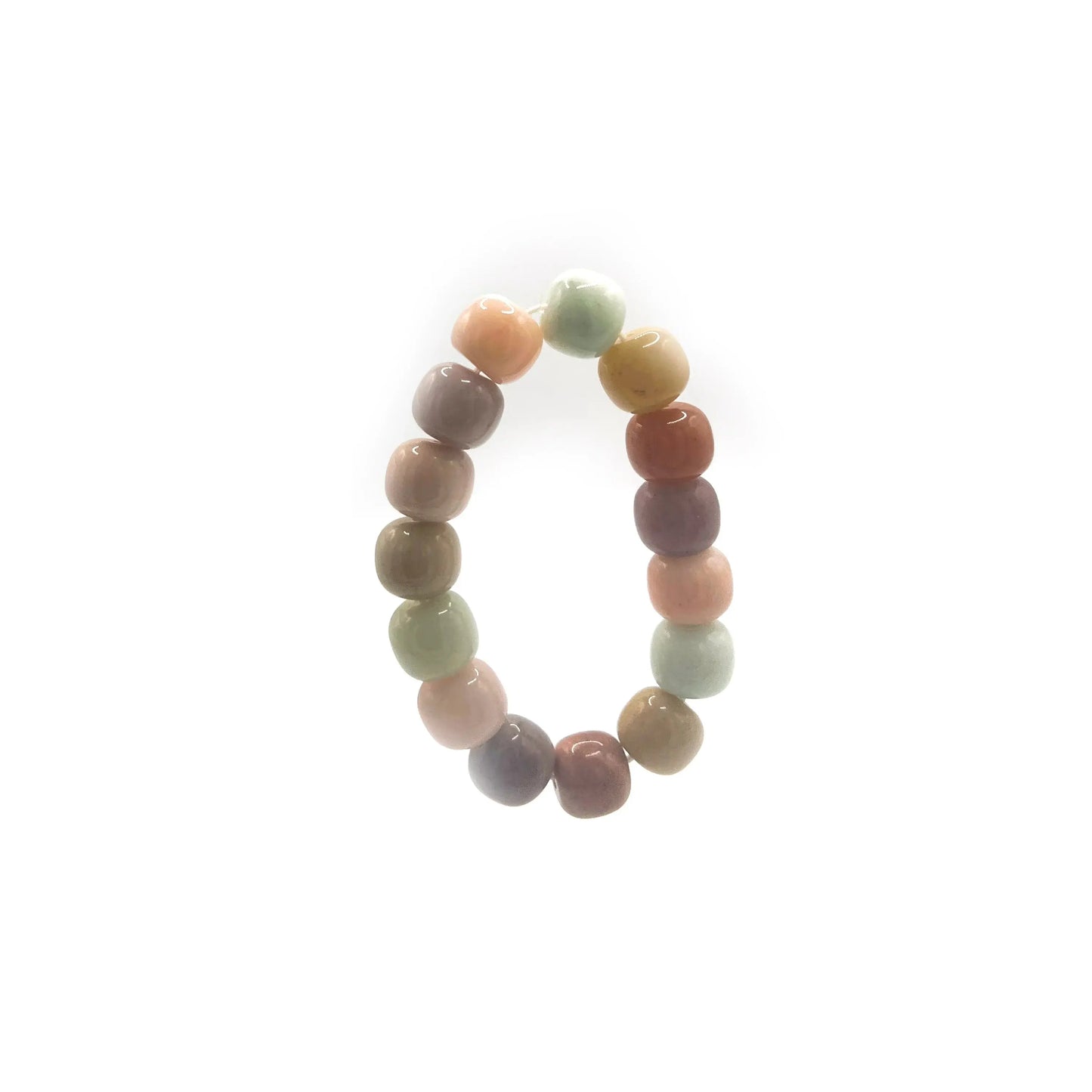 Colorful bracelet for sale featuring rainbow-toned golden silk jade beads, designed in a playful mochi donut style with an adjustable cord for all wrist sizes.