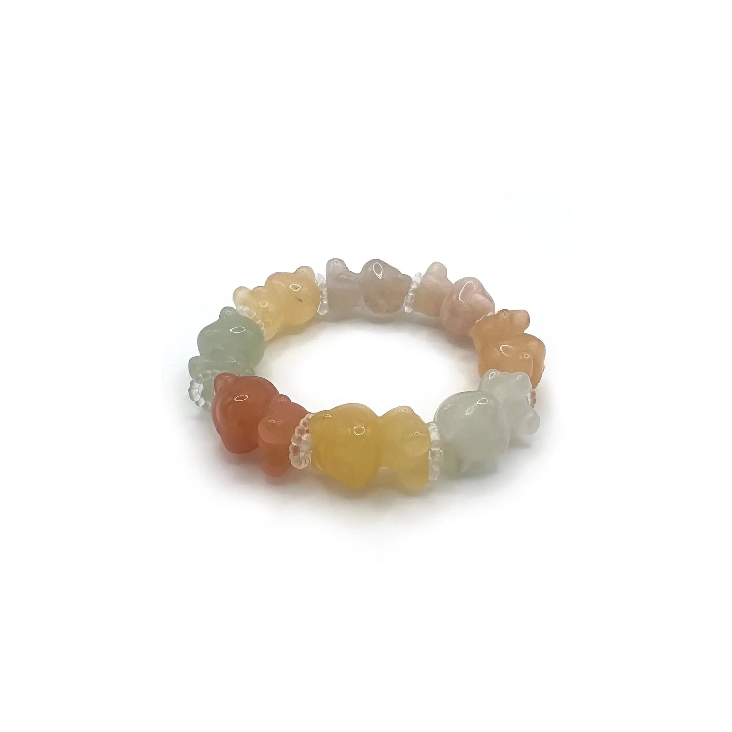 Gummy Bear Charm Bracelet made of 15mm rainbow-colored Golden Silk Jade beads, inspired by candy shapes with a smooth, glossy finish and adjustable band.