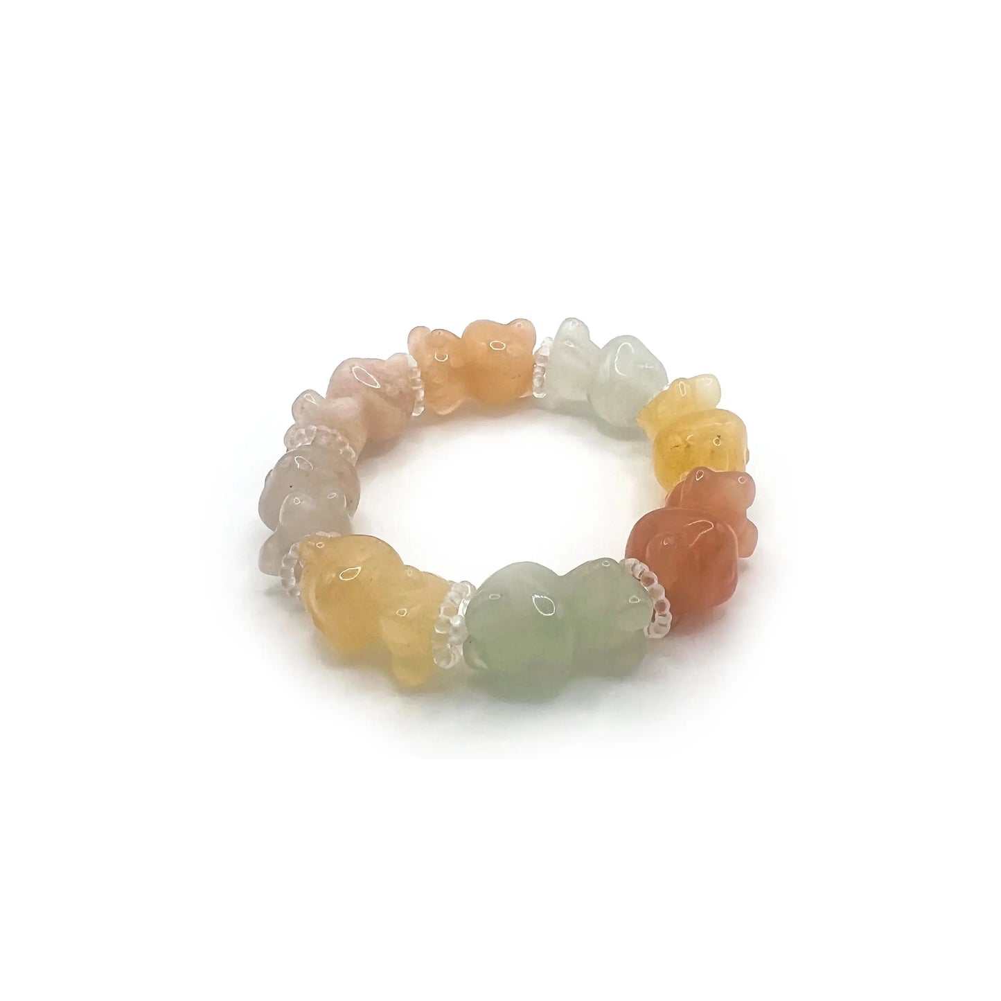 Gummy Bear Charm Bracelet made of 15mm rainbow-colored Golden Silk Jade beads, inspired by candy shapes with a smooth, glossy finish and adjustable band.