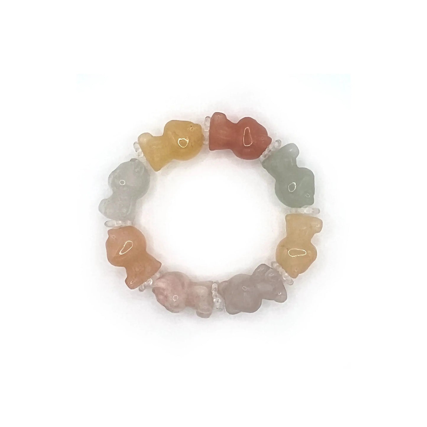 Gummy Bear Charm Bracelet made of 15mm rainbow-colored Golden Silk Jade beads, inspired by candy shapes with a smooth, glossy finish and adjustable band.