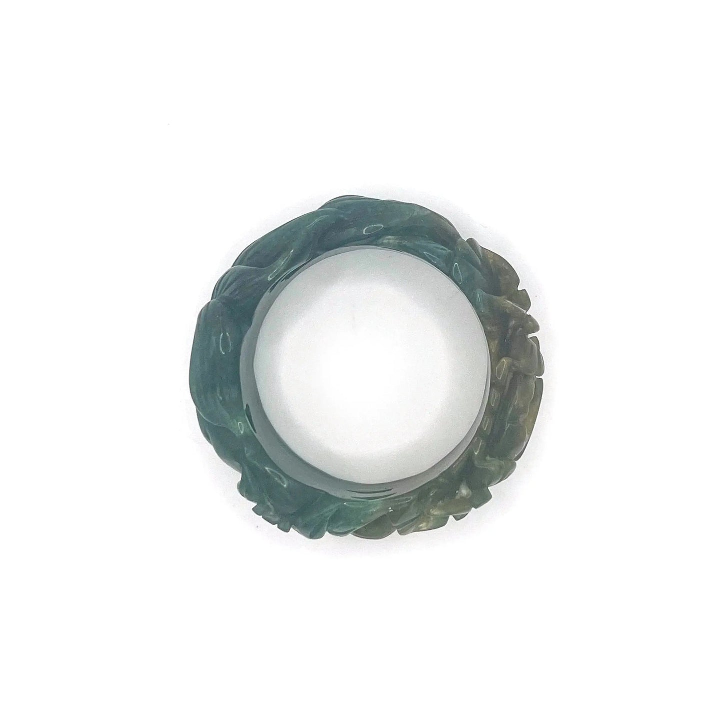 Carved jade bracelet in emerald Mongolian quartzite, featuring hand-carved peony and nine-tailed kitsune symbols with vibrant yellow detailing.