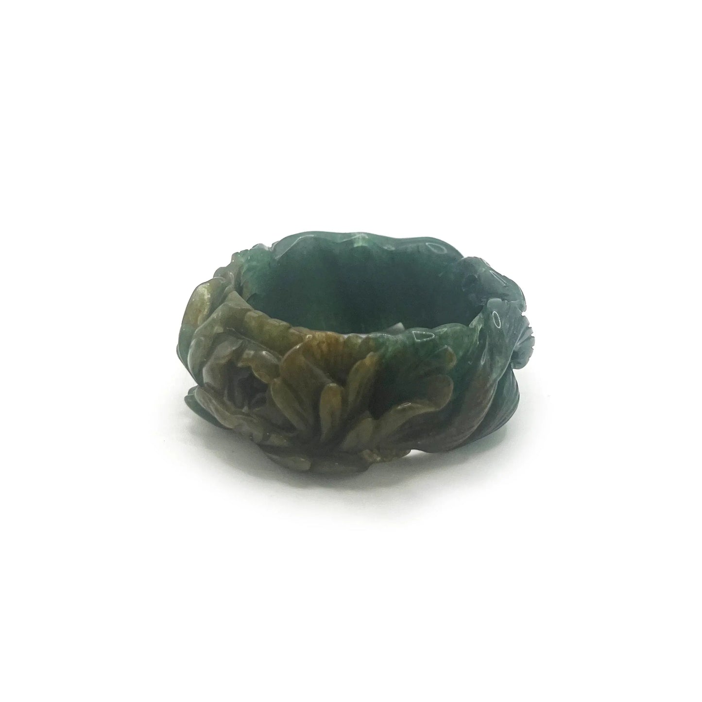 Carved jade bracelet in emerald Mongolian quartzite, featuring hand-carved peony and nine-tailed kitsune symbols with vibrant yellow detailing.