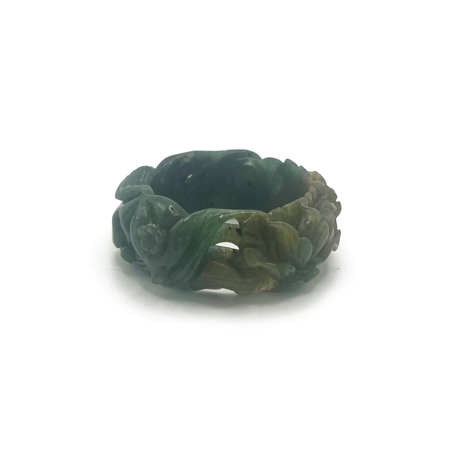 Carved jade bracelet in emerald Mongolian quartzite, featuring hand-carved peony and nine-tailed kitsune symbols with vibrant yellow detailing.
