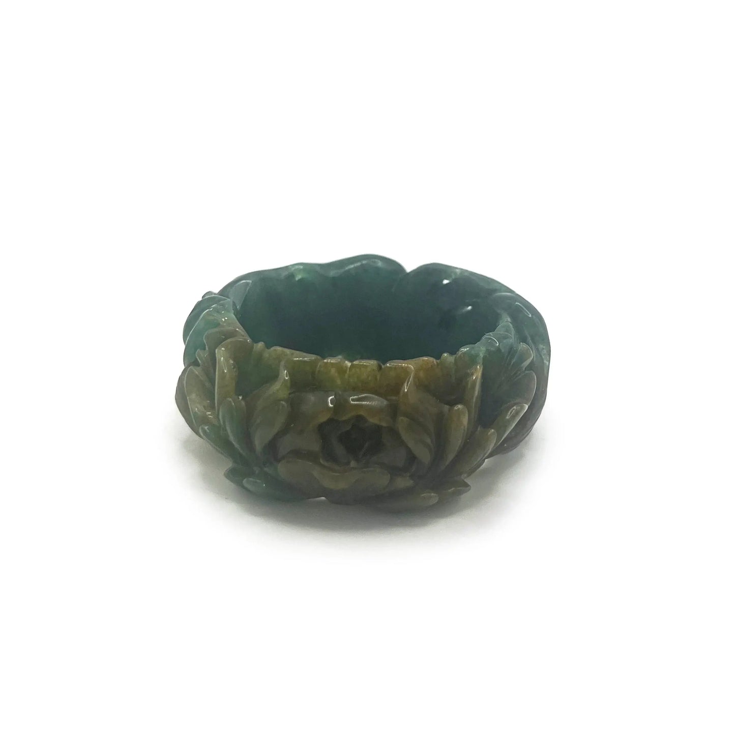 Carved jade bracelet in emerald Mongolian quartzite, featuring hand-carved peony and nine-tailed kitsune symbols with vibrant yellow detailing.
