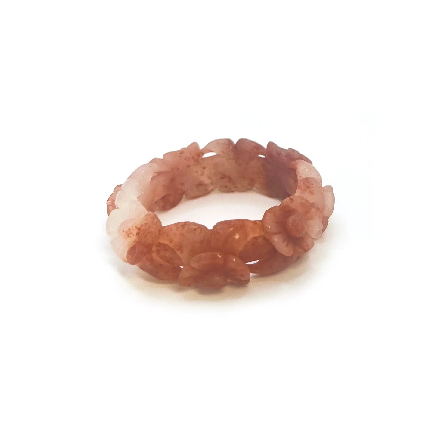 Bangle for small wrists featuring hand-carved cherry blossom motifs in vibrant red and translucent white natural stone with a hollowed, floral design.