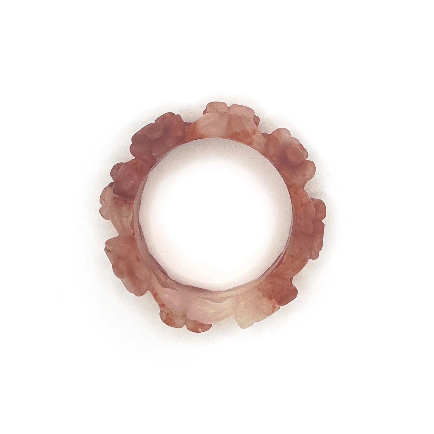 Bangle for small wrists featuring hand-carved cherry blossom motifs in vibrant red and translucent white natural stone with a hollowed, floral design.