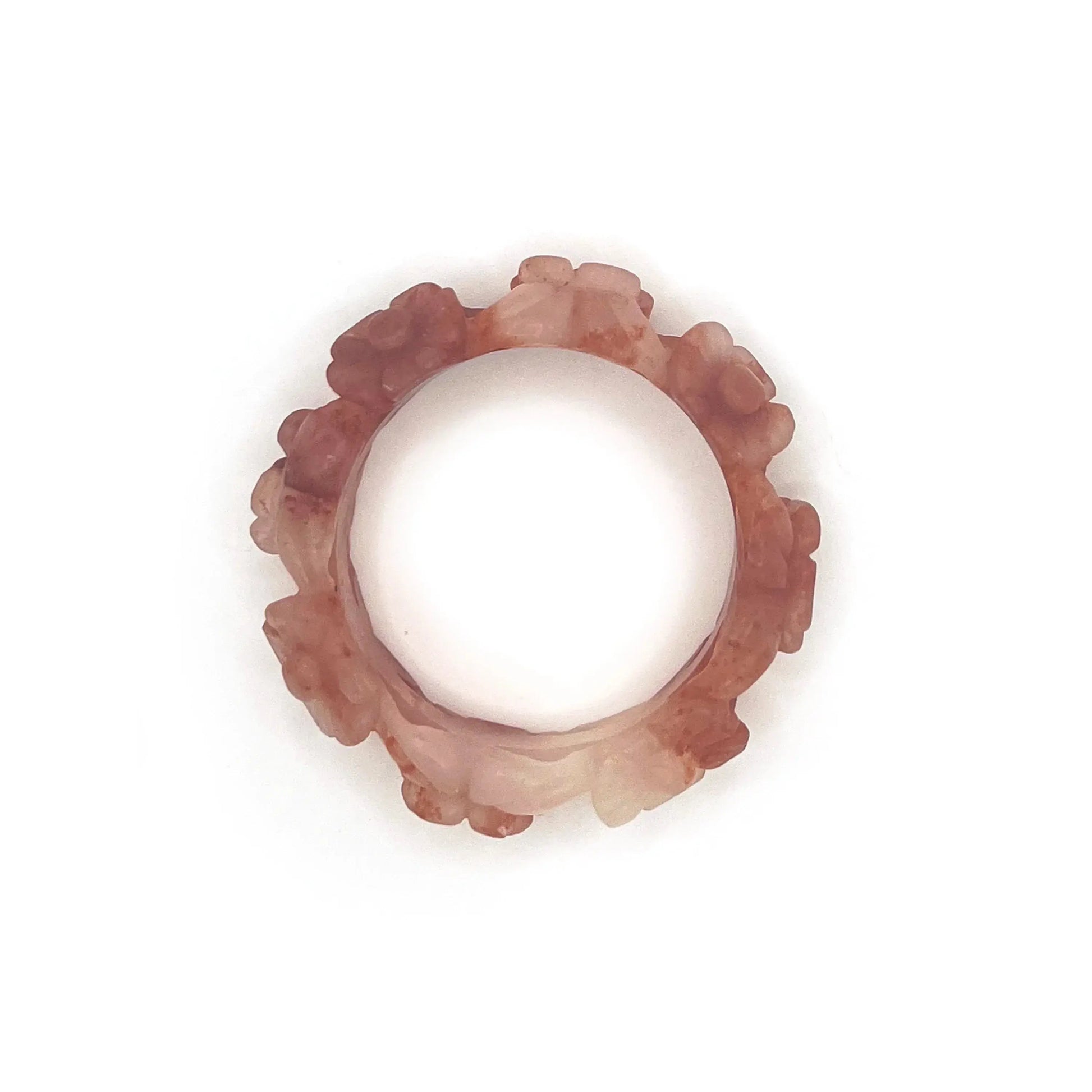 Bangle for small wrists featuring hand-carved cherry blossom motifs in vibrant red and translucent white natural stone with a hollowed, floral design.