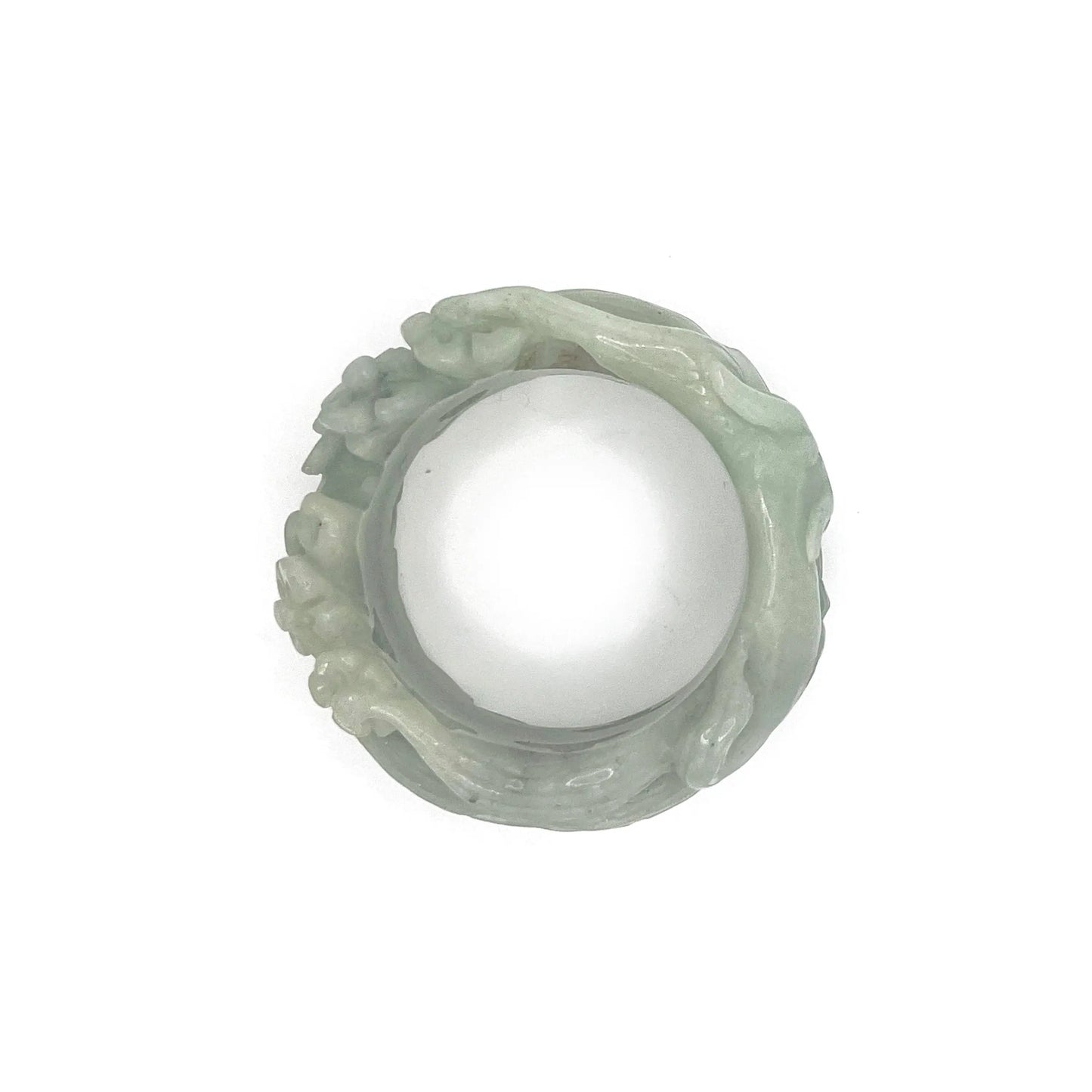 Artistic jewelry for women featuring a hand-carved Mongolian jade bangle with nine-tailed fox and floral motifs in vibrant green tones. - miruzi