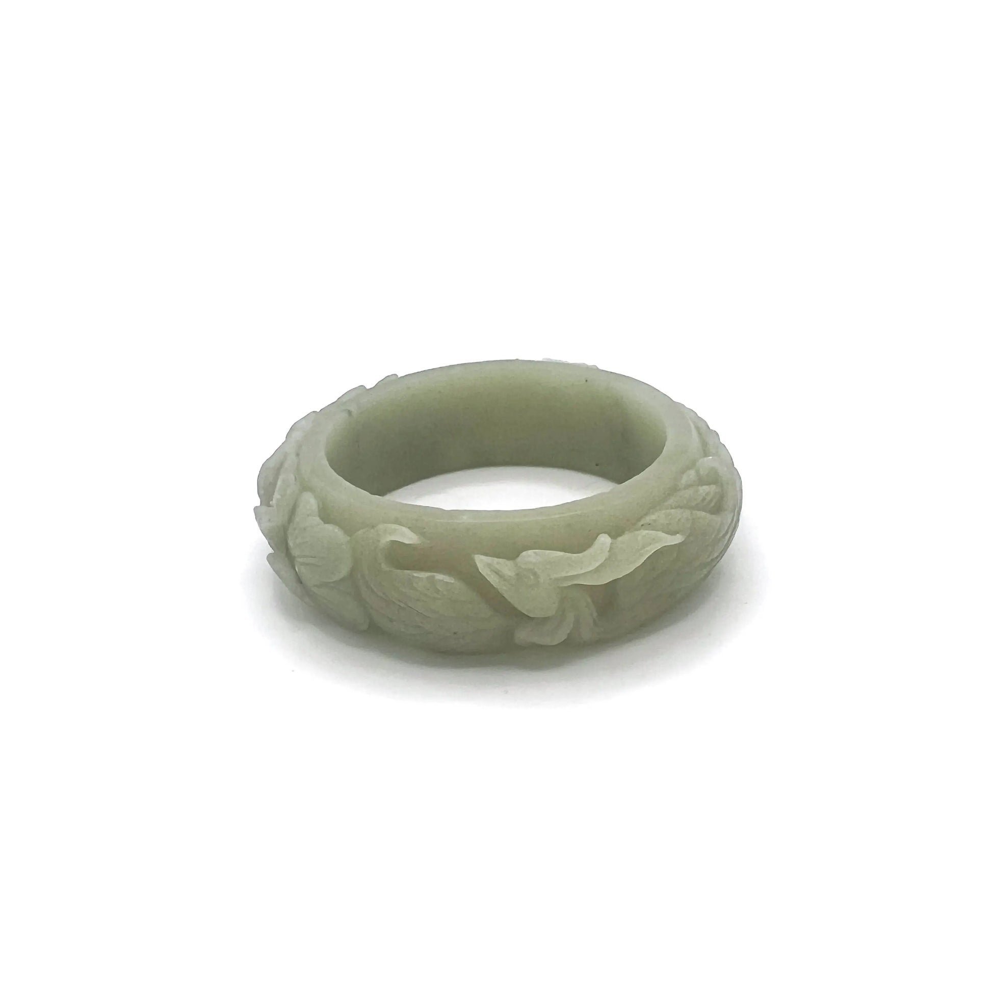 Apple Green Mongolian Jade Bangle with Phoenix and Peony Carvings