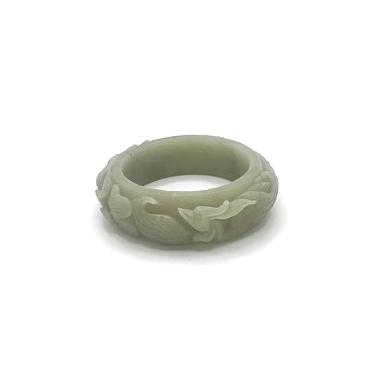 Apple Green Mongolian Jade Bangle with Phoenix and Peony Carvings