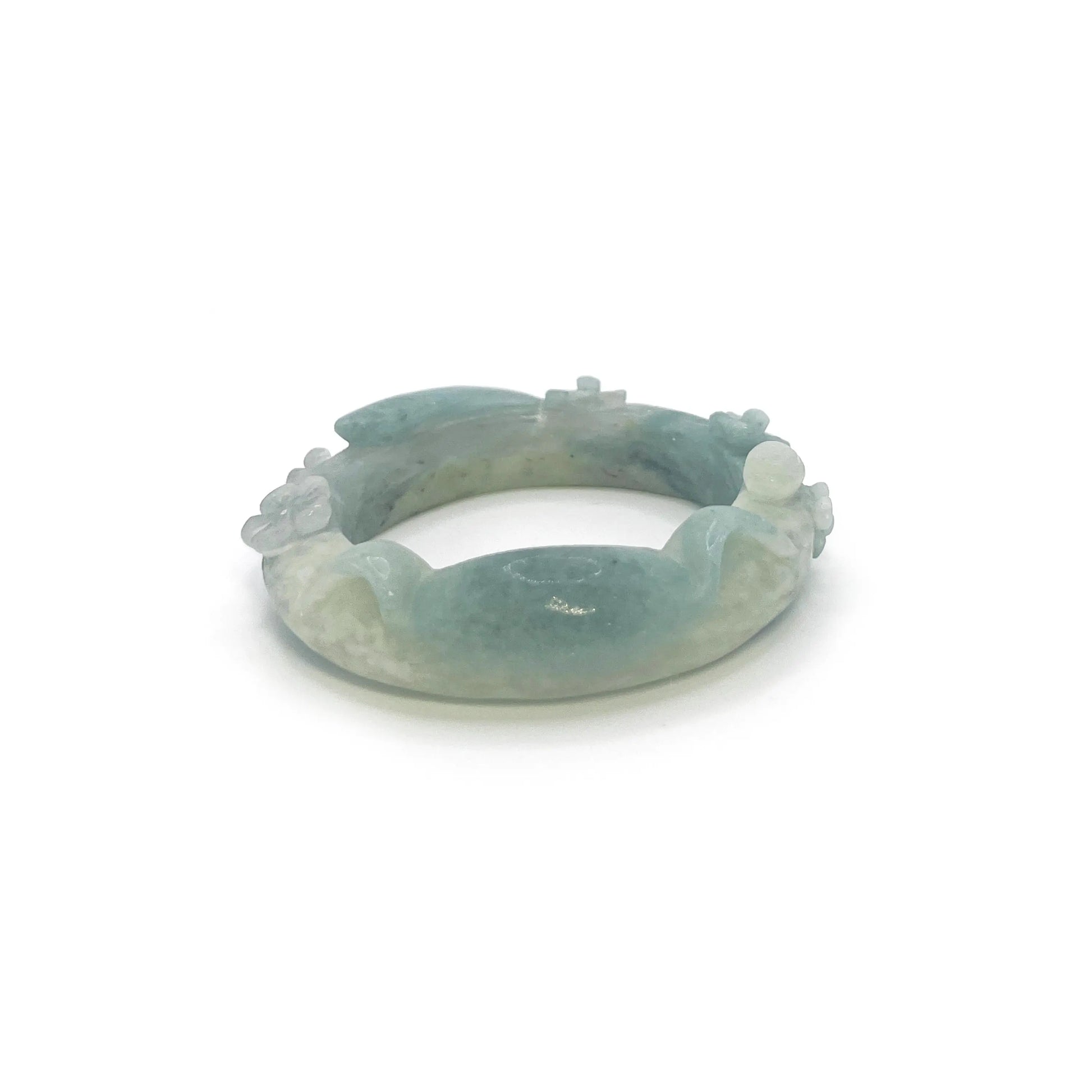 Sky Blue and White Cat-Themed Mongolian Jade Bangle with Floral Carvings
