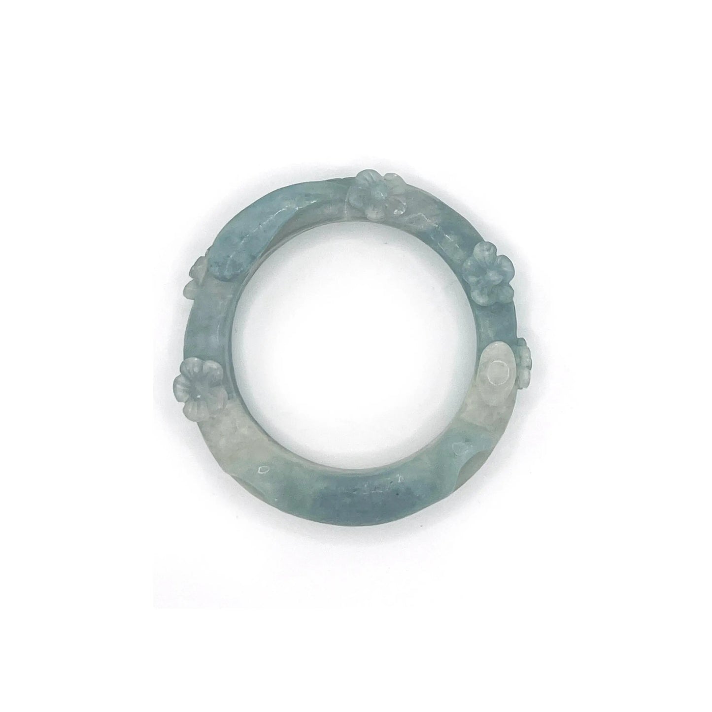 Sky Blue and White Cat-Themed Mongolian Jade Bangle with Floral Carvings