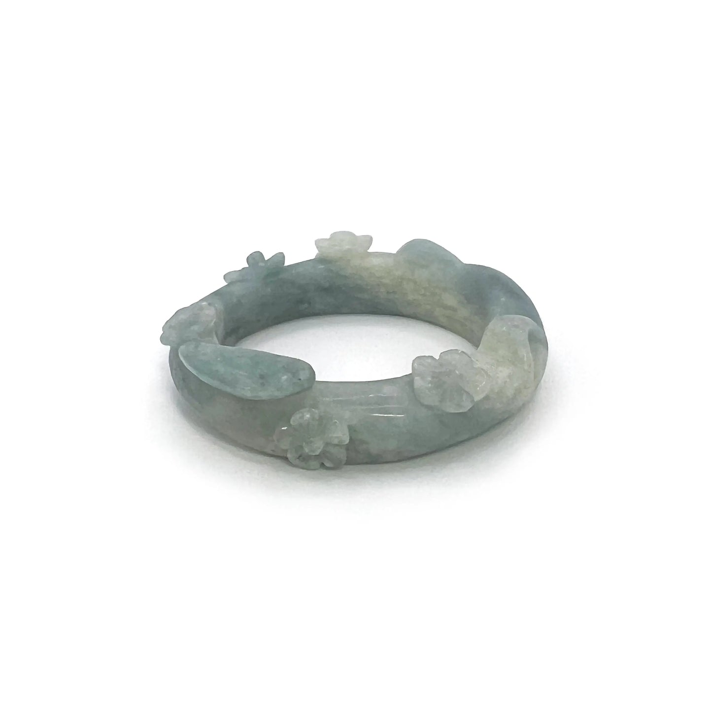 Sky Blue and White Cat-Themed Mongolian Jade Bangle with Floral Carvings
