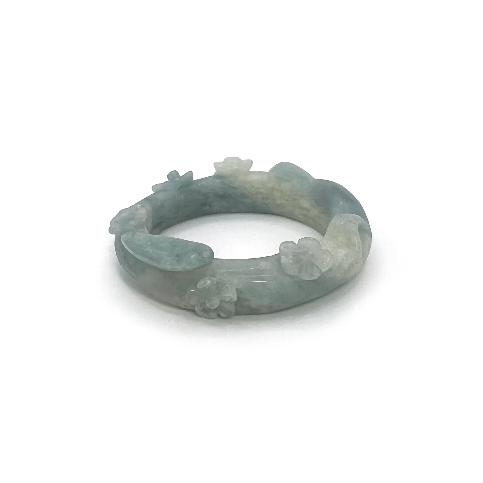 Sky Blue and White Cat-Themed Mongolian Jade Bangle with Floral Carvings