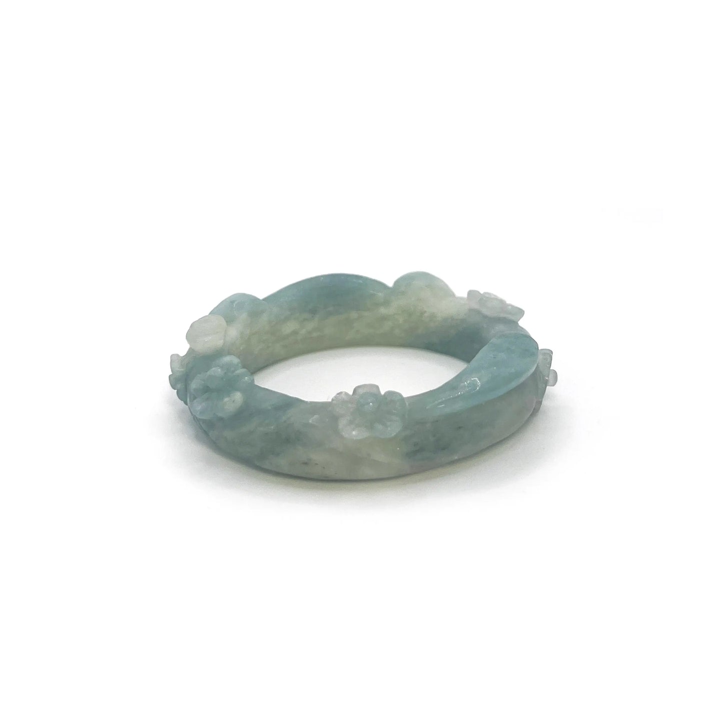 Sky Blue and White Cat-Themed Mongolian Jade Bangle with Floral Carvings