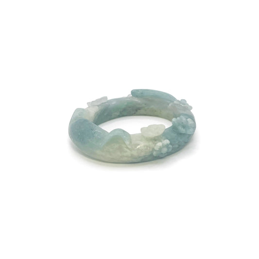 Sky Blue and White Cat-Themed Mongolian Jade Bangle with Floral Carvings