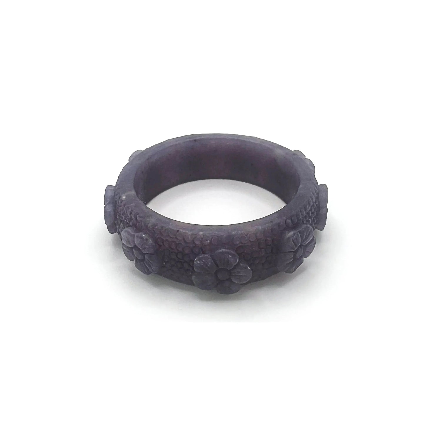 Carved bangle made from deep purple Mongolian jade, featuring delicate vintage floral engravings spaced evenly around the bracelet for an elegant, romantic look.