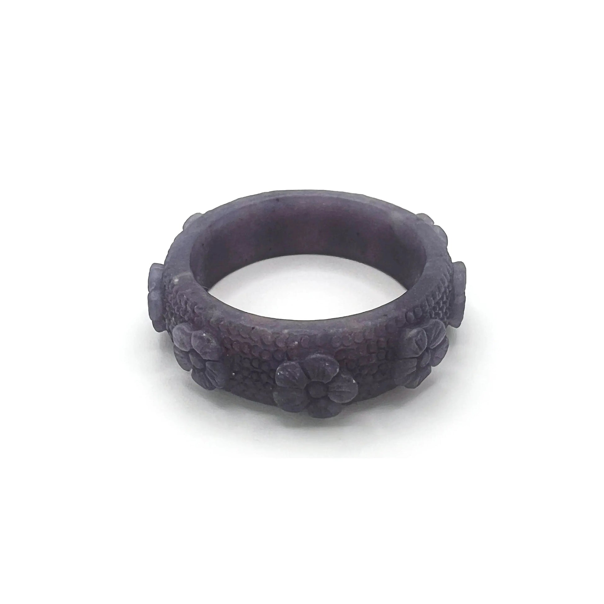Carved bangle made from deep purple Mongolian jade, featuring delicate vintage floral engravings spaced evenly around the bracelet for an elegant, romantic look.