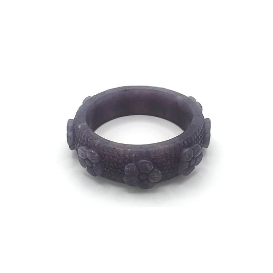 Carved bangle made from deep purple Mongolian jade, featuring delicate vintage floral engravings spaced evenly around the bracelet for an elegant, romantic look.