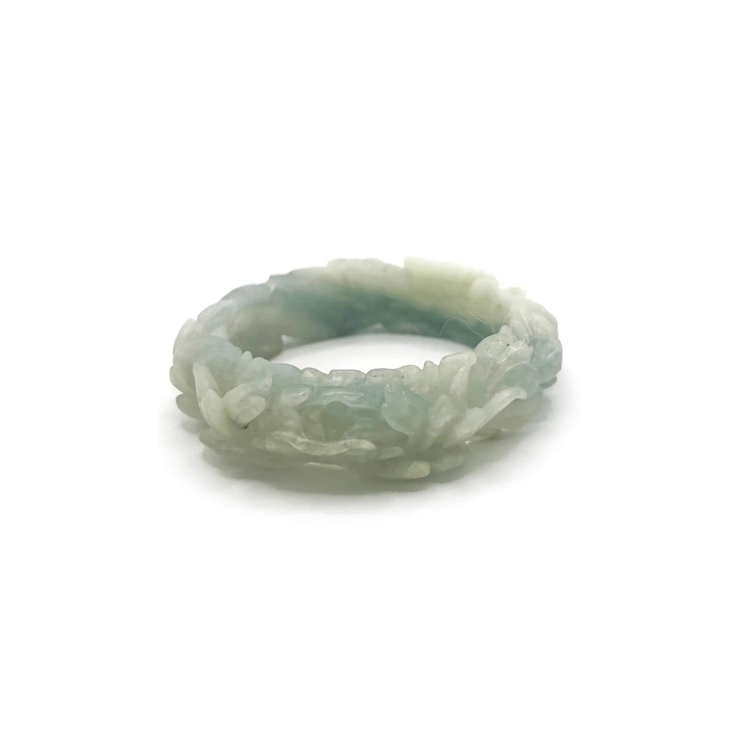 Hand-carved blue jade bangle with floral motifs including peonies and daisies, crafted from Mongolian quartzite in sky-blue and white hues.