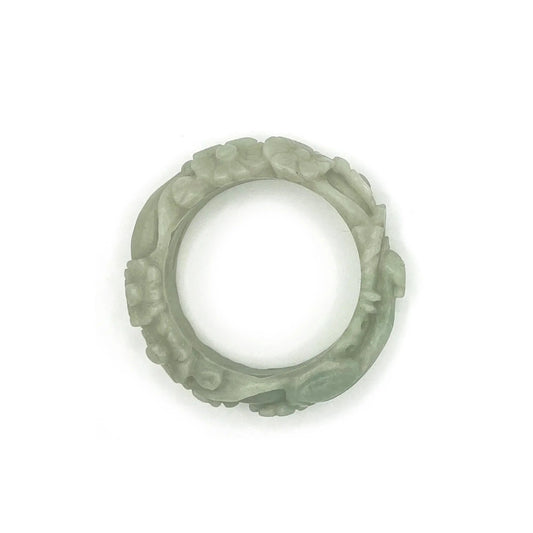 Carved Pipa Bangle - Green Jade with Intricate Pipa and Floral Carvings