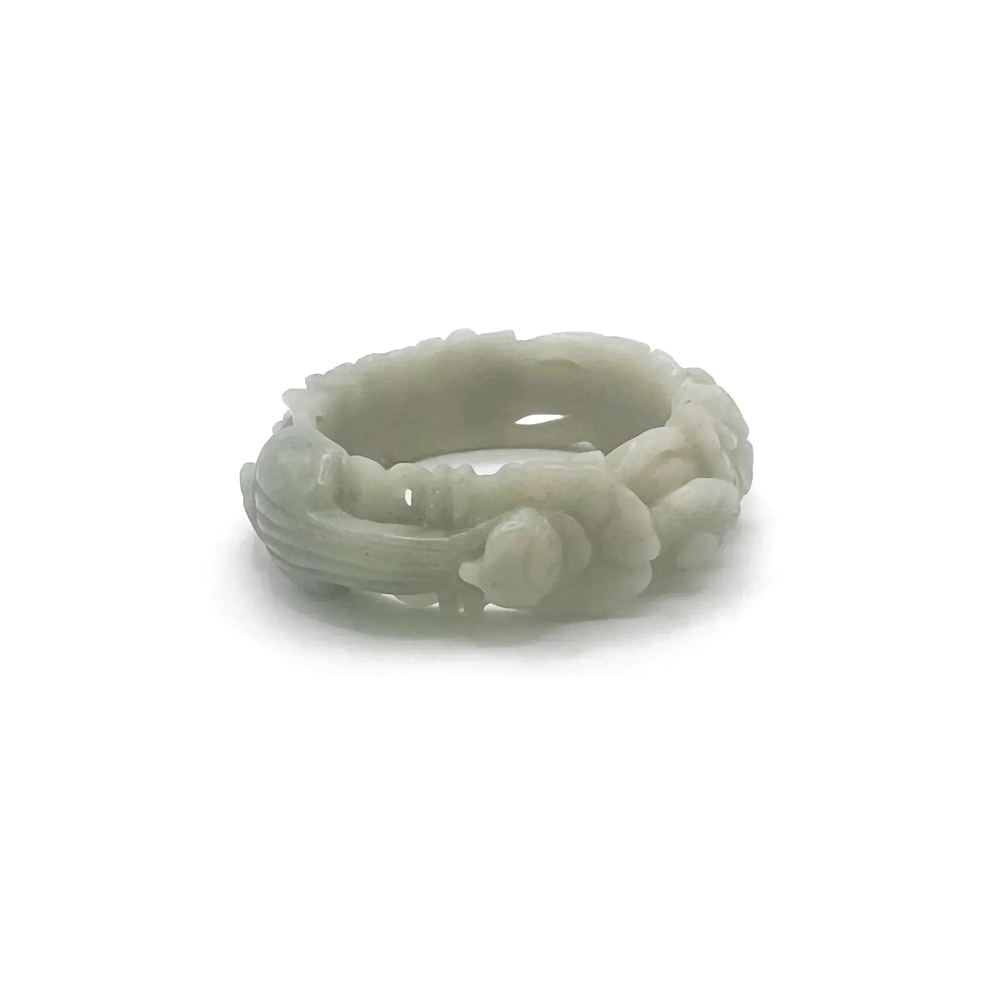 Carved Pipa Bangle - Green Jade with Intricate Pipa and Floral Carvings