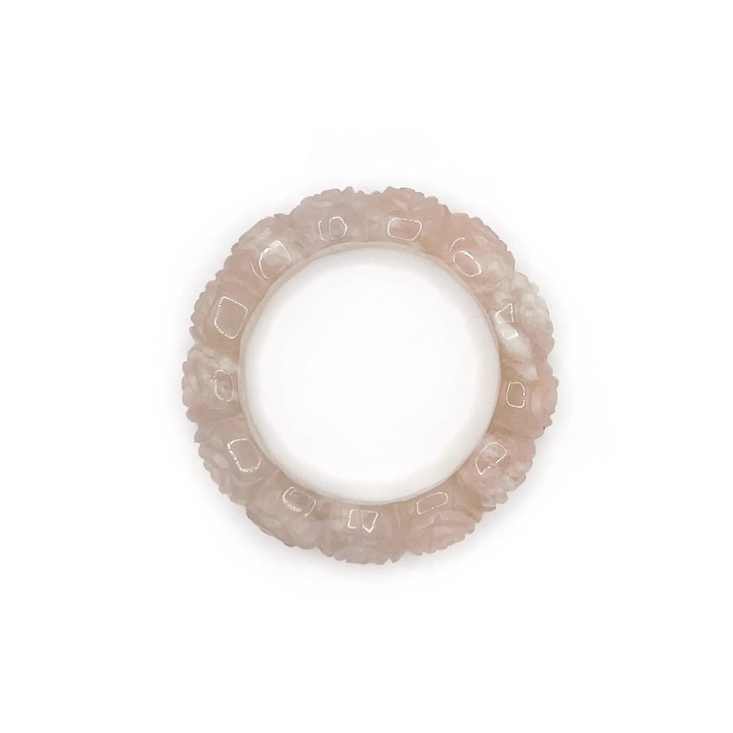 Carved bangle bracelet made from white Mongolian jade quartzite, featuring a full circle of delicate hand-carved cherry blossoms in a translucent floral design. - Miruzi