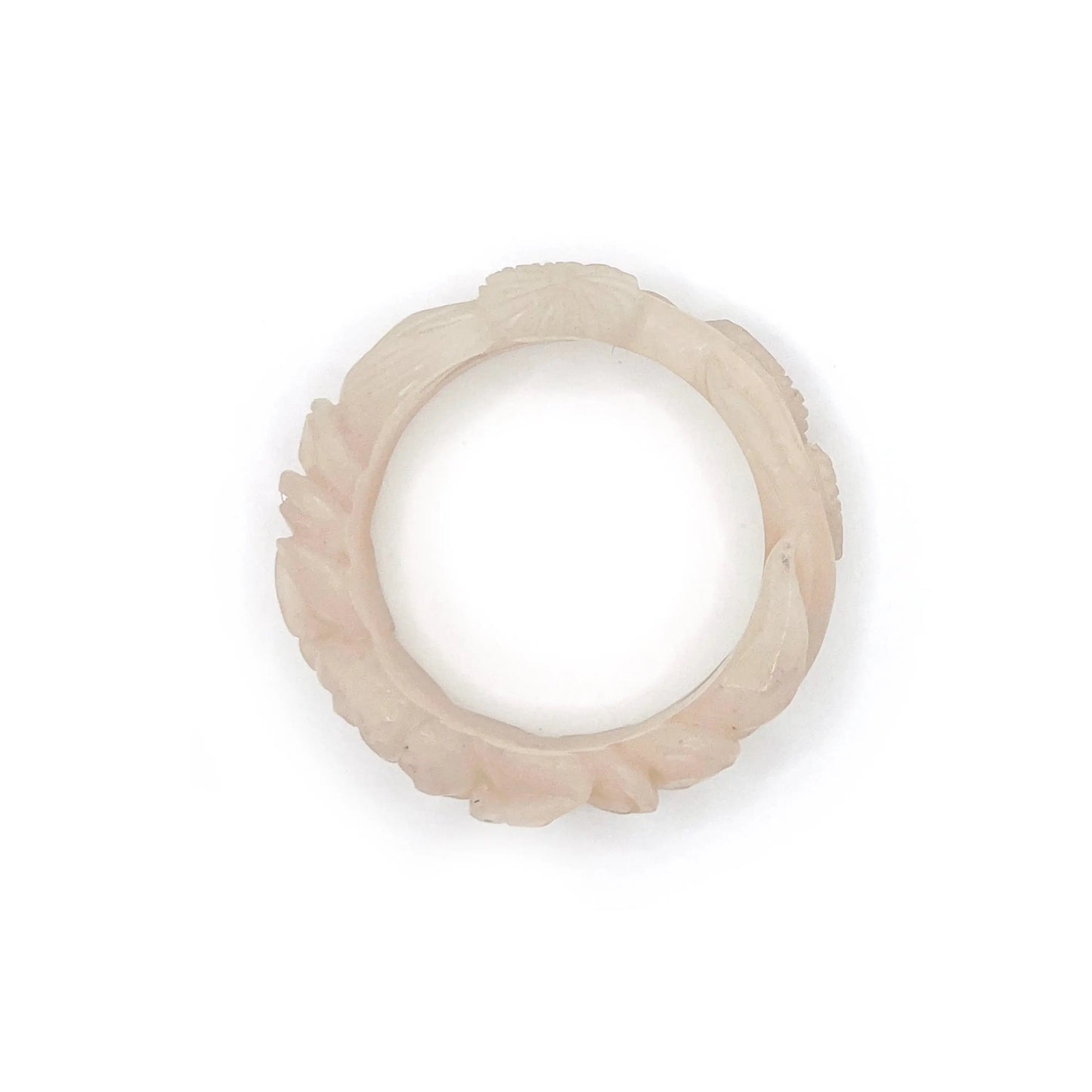 Rose bangle made from jelly-textured Mongolian jade, featuring delicately carved roses and snowflake inclusions in soft pink quartzite.