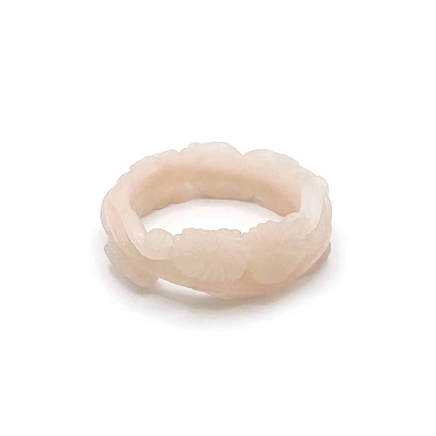 Rose bangle made from jelly-textured Mongolian jade, featuring delicately carved roses and snowflake inclusions in soft pink quartzite.