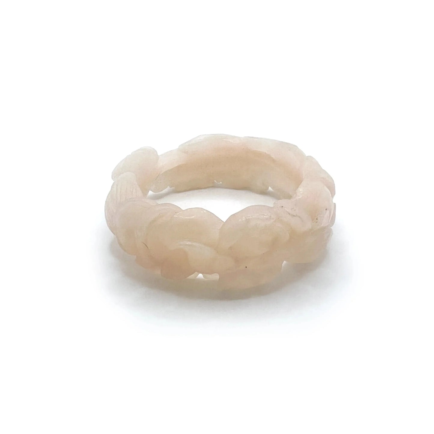 Rose bangle made from jelly-textured Mongolian jade, featuring delicately carved roses and snowflake inclusions in soft pink quartzite.
