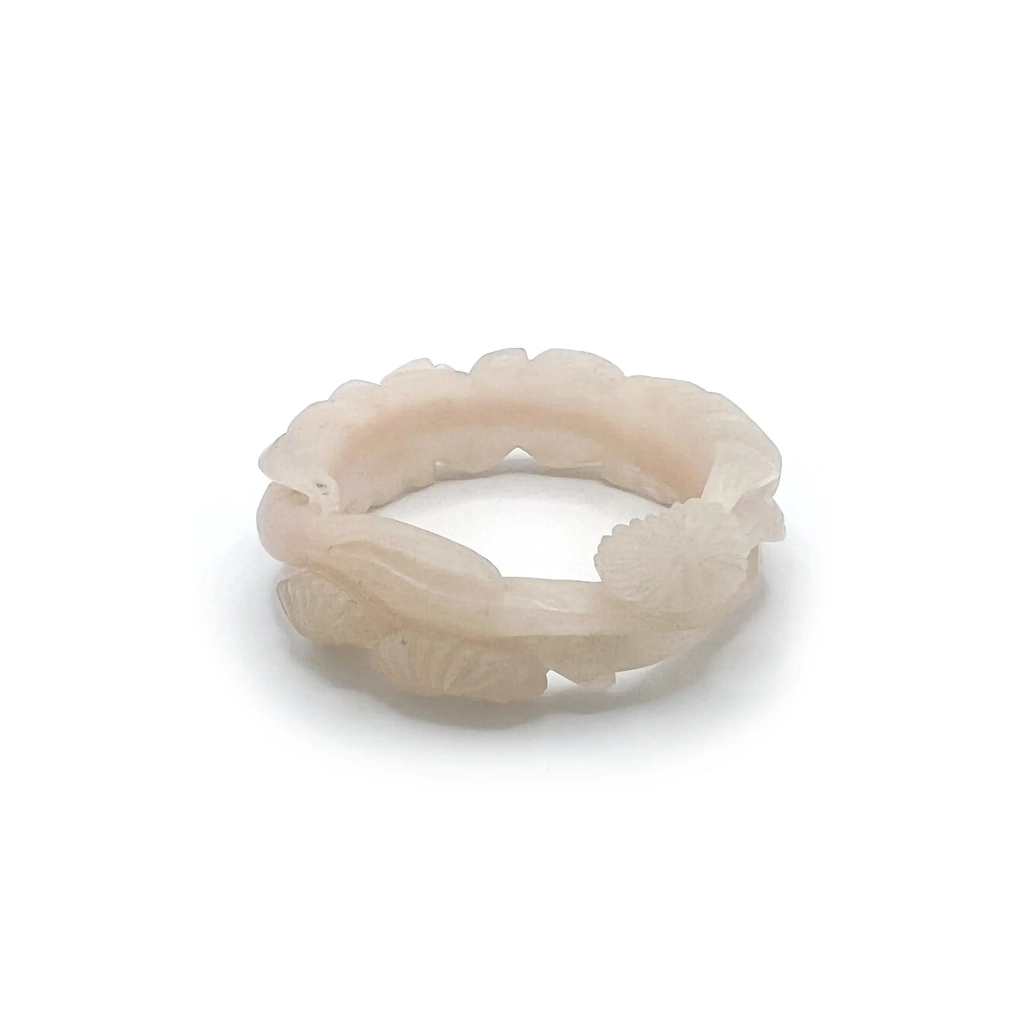 Rose bangle made from jelly-textured Mongolian jade, featuring delicately carved roses and snowflake inclusions in soft pink quartzite.