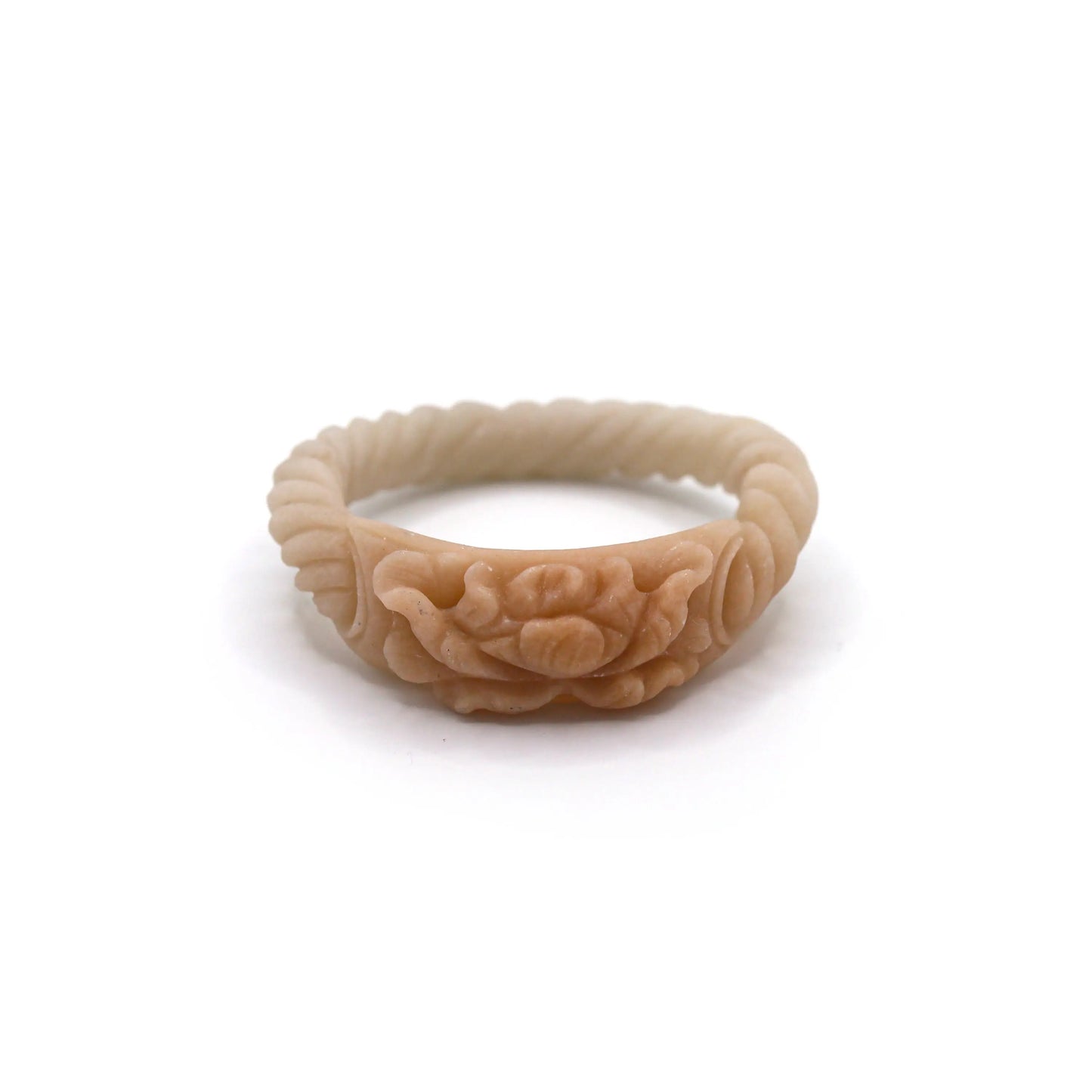Handcrafted Mongolian quartzite jade bracelet with a twisted beige band and caramel peony plaque in full relief floral carving – Miruzi