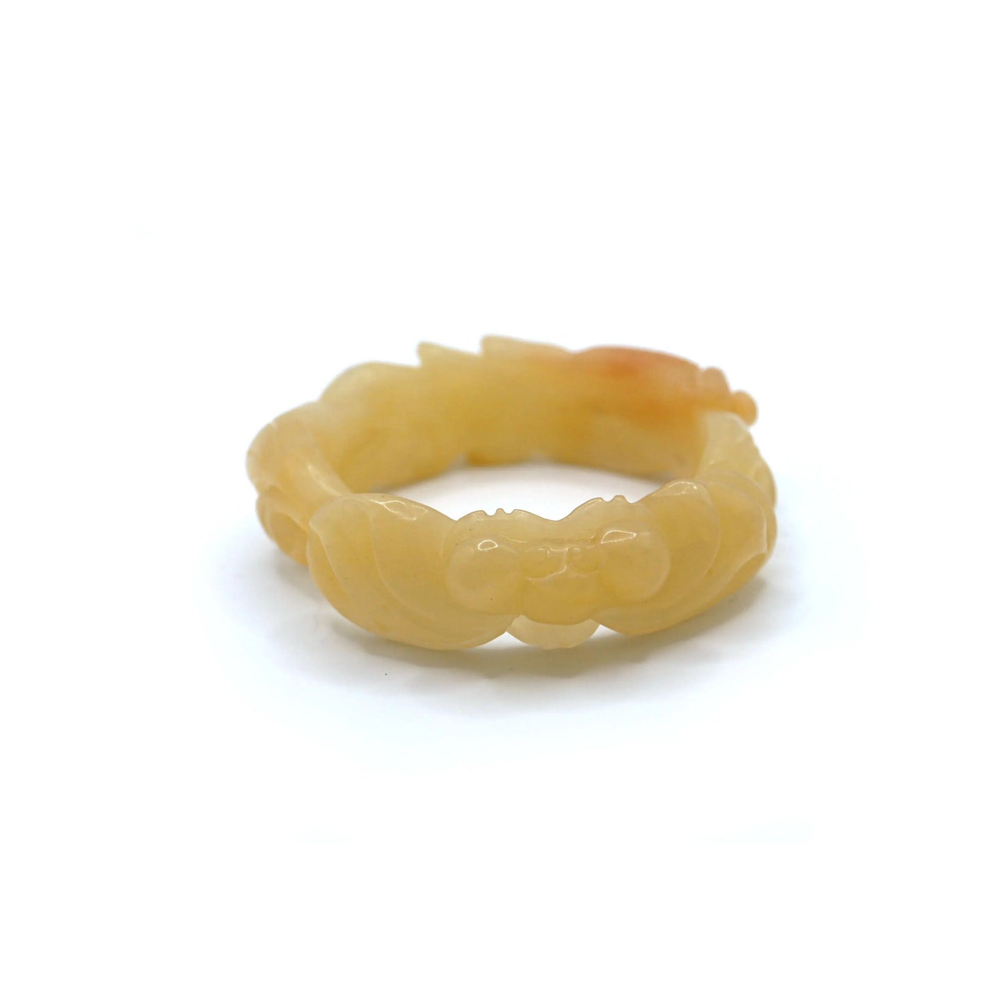Circular jade bangle in fine-textured quartzite, showcasing a swimming goldfish and blooming lotus in raised hand-carved detail – Miruzi