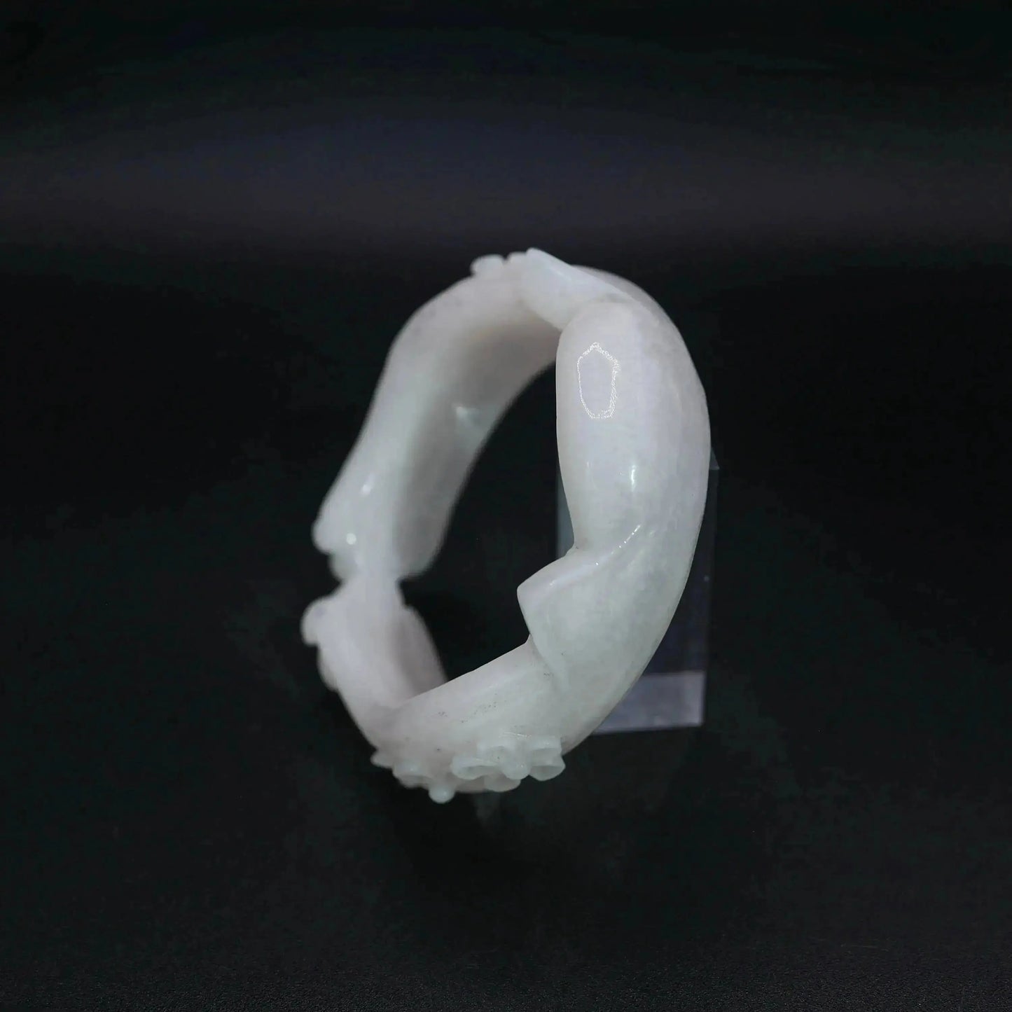 White jade bracelet with subtle cat and botanical designs, hand-carved in full relief to celebrate innocence and curiosity – Miruzi