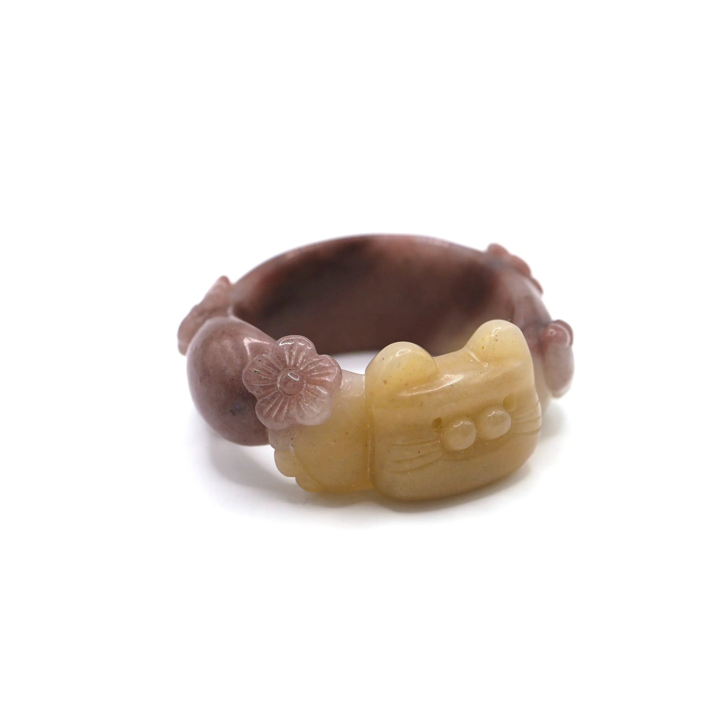 Two-tone jade bangle in purple and yellow with playful feline carving, including a raised cat face, curled tail, and sculpted paws – Miruzi