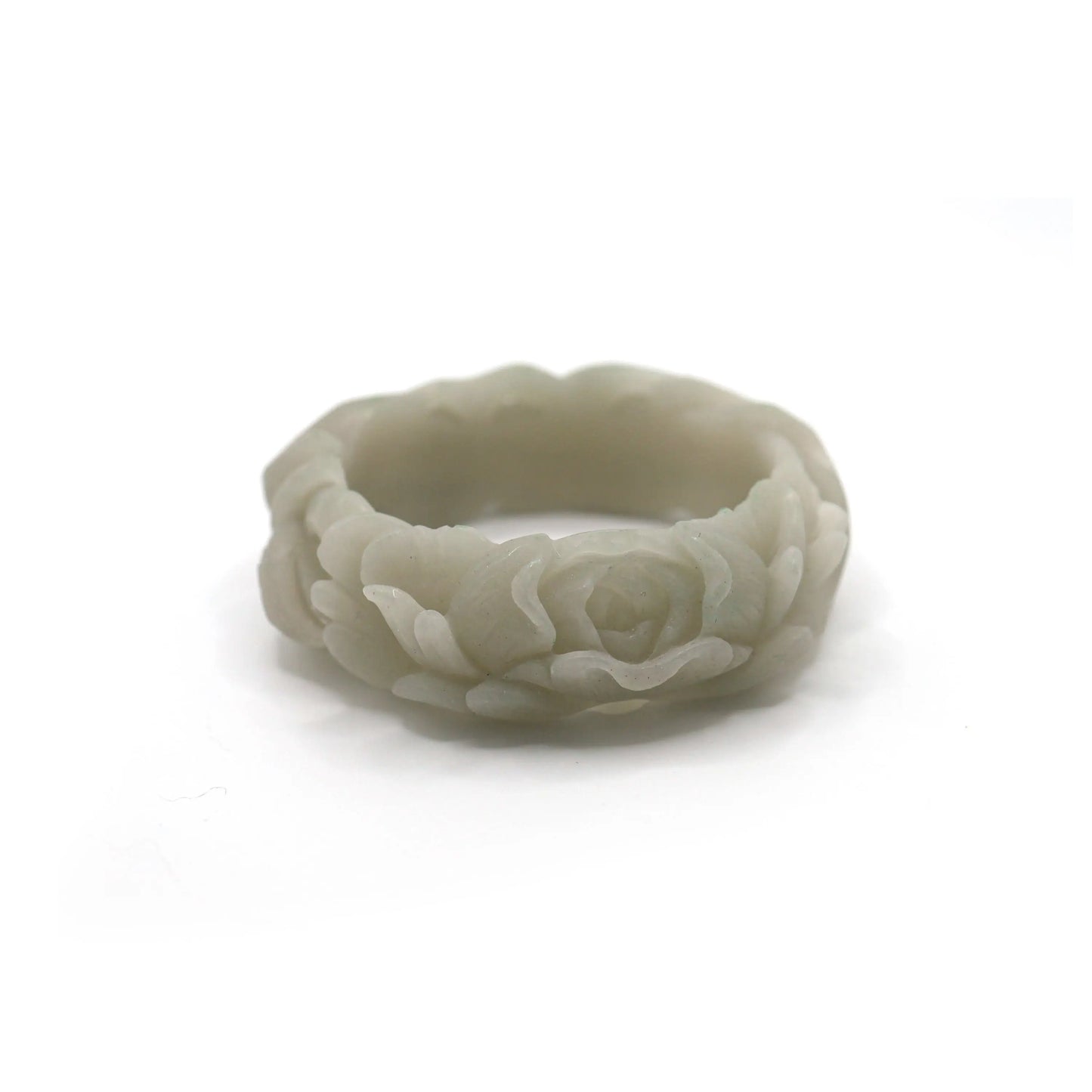 Artisan jade bracelet carved with a peaceful fox and full-bloom peony in pale green jade, representing intuition and compassion – Miruzi