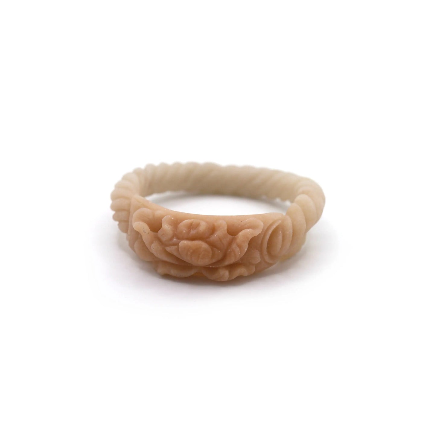 Detailed shot of Mongolian quartzite jade bangle with botanical peony carving in golden caramel tones, blending elegance and movement – Miruzi