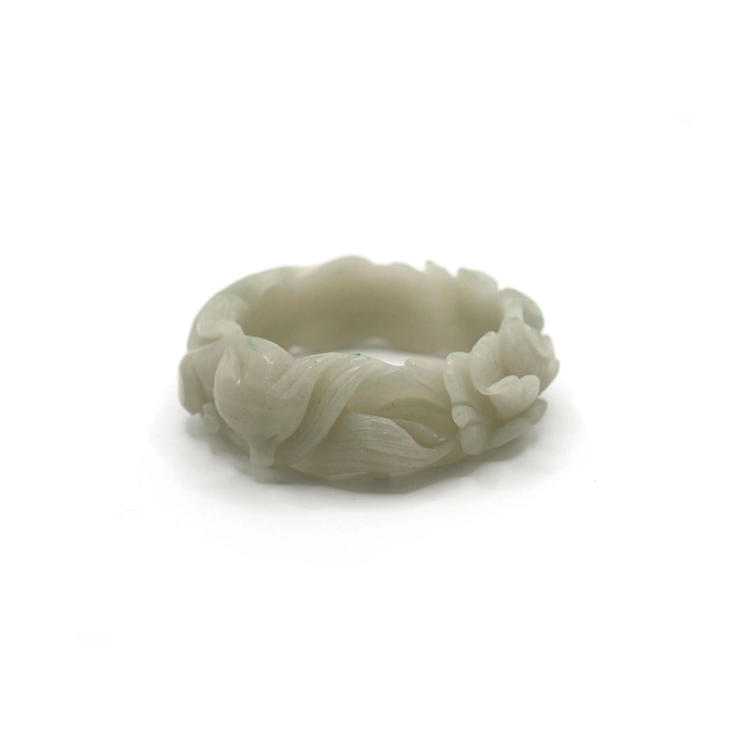 Pale green quartzite jade bangle featuring a sleeping fox on one side and a lush peony on the other, carved in deep relief – Miruzi