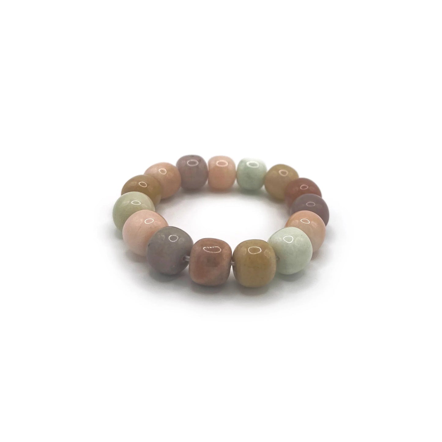 Colorful bracelet for sale featuring rainbow-toned golden silk jade beads, designed in a playful mochi donut style with an adjustable cord for all wrist sizes.