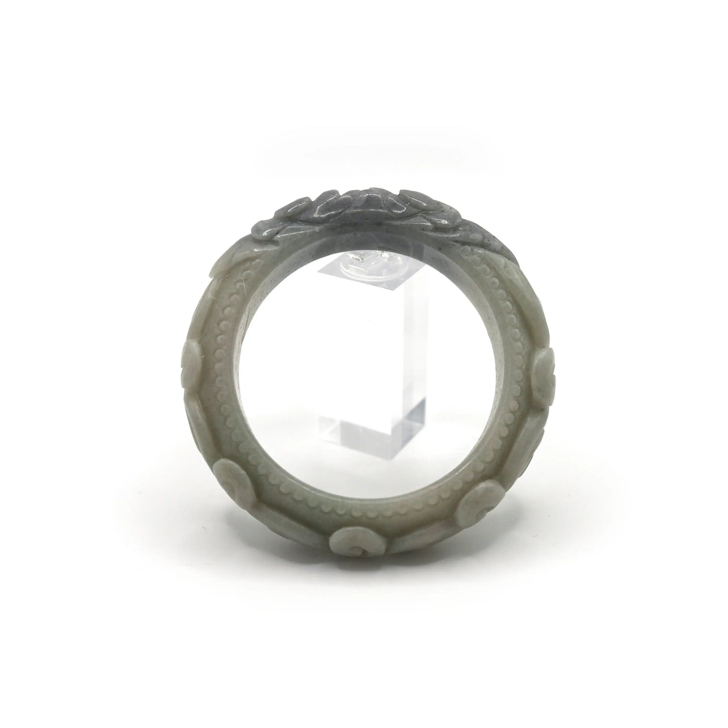 Refined quartzite jade bracelet featuring a gray peony flower and continuous cloud relief, representing spiritual calm and prosperity – Miruzi