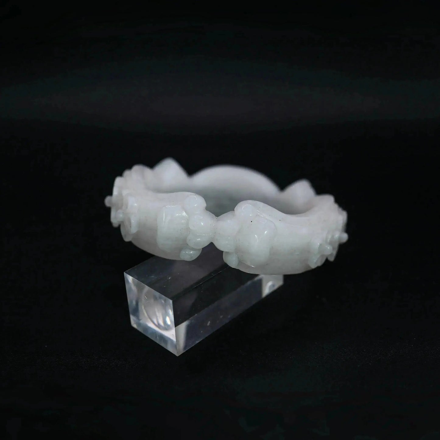 Mongolian white jade bracelet featuring sculpted cat ears, paw prints, and delicate floral accents in a soft matte finish – Miruzi