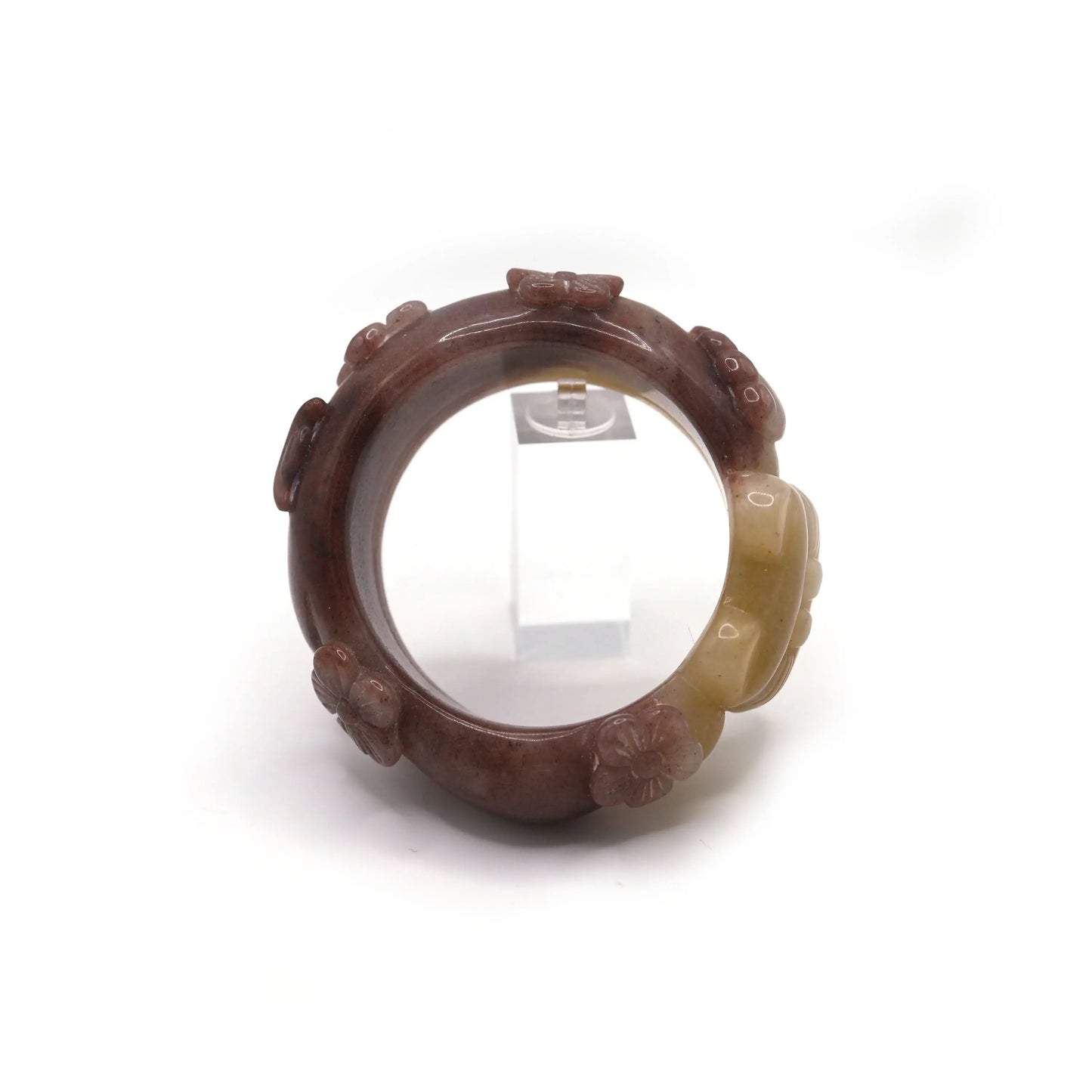 Bold jade bracelet in gradient yellow and purple with hand-carved feline, floral, and tail details, perfect for animal lovers – Miruzi