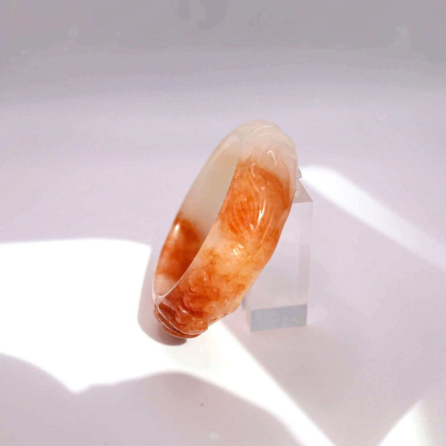 Orange Jade Bangle – Carved Lotus and Goldfish in Mongolian Stone Miruzi