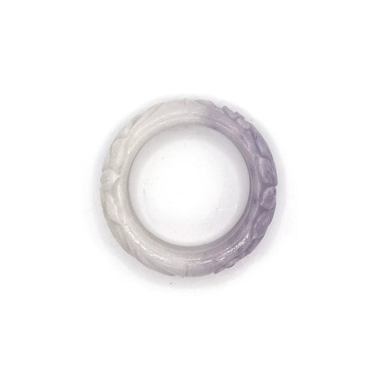 Purple stone bracelet hand-carved from Mongolian jade quartzite, featuring a lotus and plum blossom design in a smooth half-and-half floral bangle style.