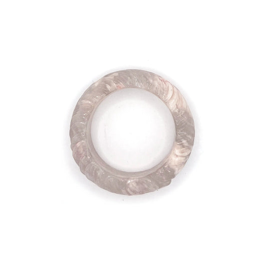 Feather bangle carved from translucent Mongolian jade in ivory, pink, and lavender tones with intricate feather designs and bold, modern shape. - Miruzi