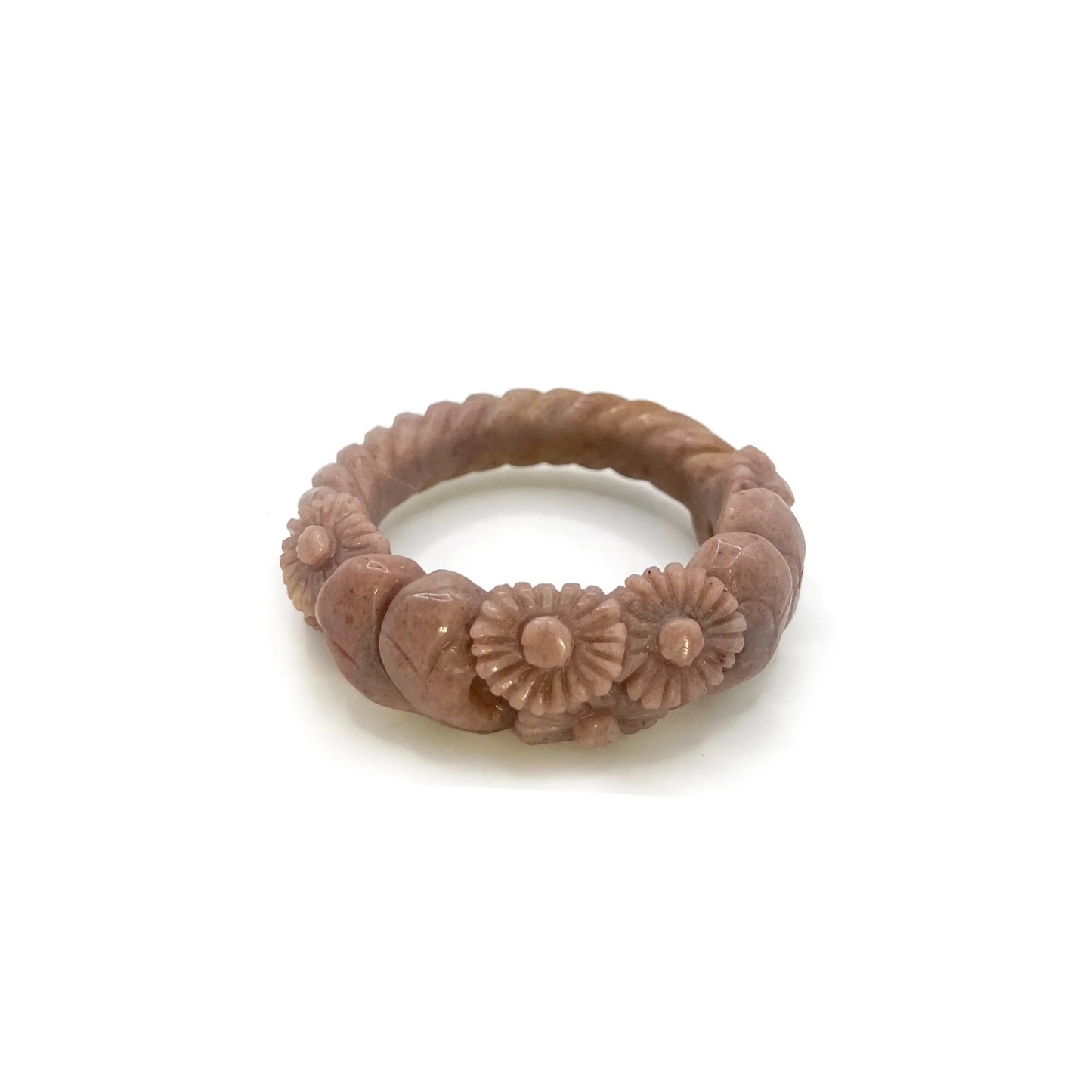 Twisted bangle bracelet carved from Mongolian jade quartzite in deep purple and yellow, featuring delicate hand-carved daisies and a natural textured twist design.